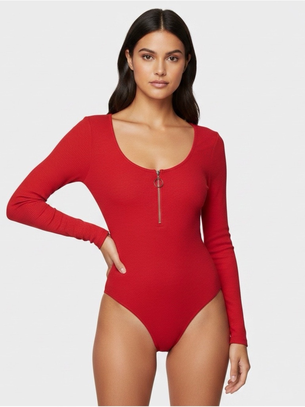 Women’s Red Long-Sleeve Zip-Front Bodysuit